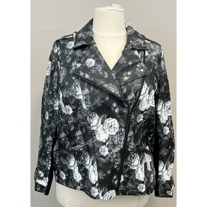 Lane Bryant Moto Jacket Black White Floral Vegan Leather Emma Biker Plus 18/20